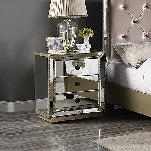 CONCEPCION MIRRORED 3 DRAWER BEDSIDE TABLE - SILVER