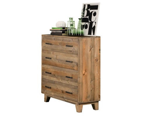 WOODVINCE SCANDINAVIAN SOLID TIMBER TALLBOY CHEST - 4 DRAWERS - (MODEL: 23-15-15-4-19-20-25-12-5) - 1200(H) X 980(W) -LIGHT BROWN