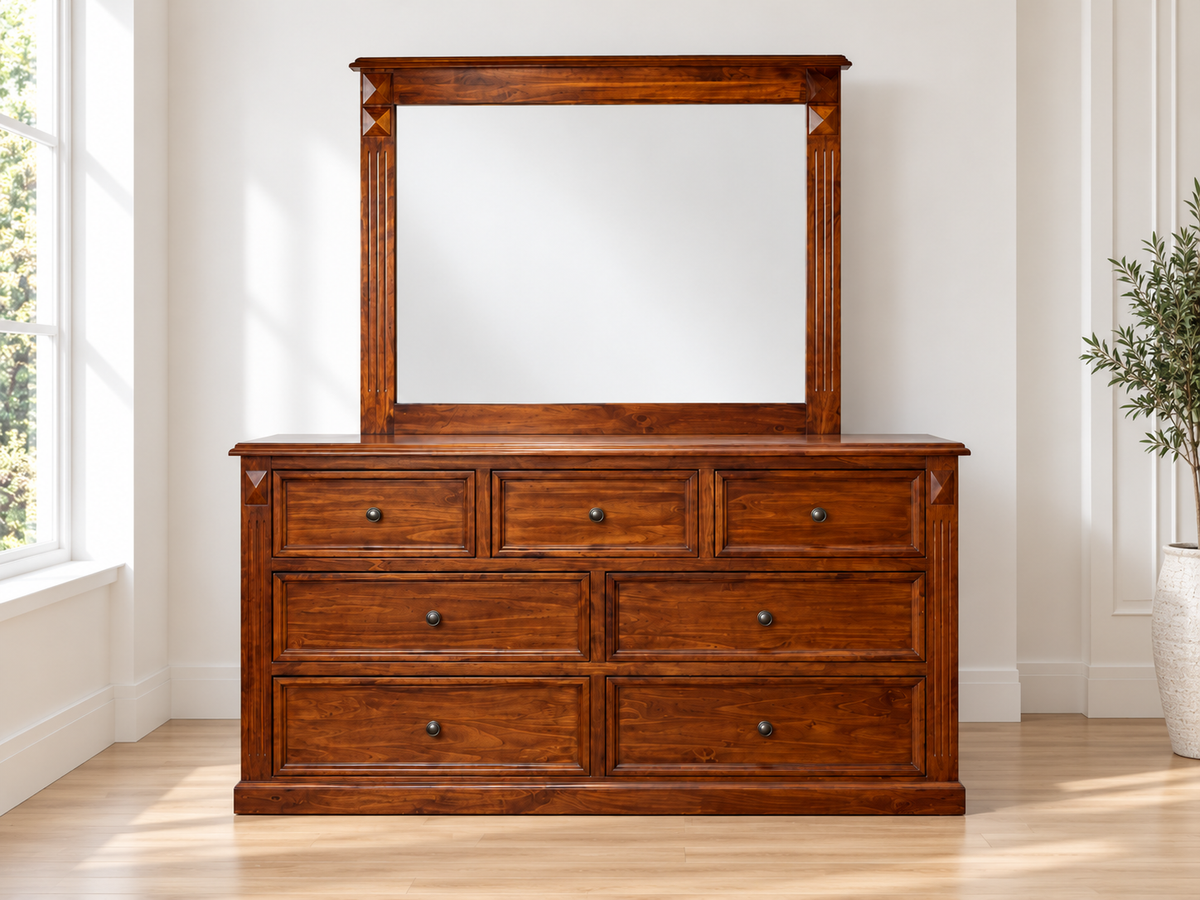 Legions 7 Drawer Dresser Table + Mirror - 1600(W) - Walnut