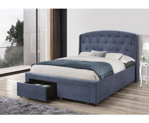 QUEEN WILMER FABRIC UPHOLSTERED BED FRAME WITH 2 STORAGE FOOTEND DRAWERS - NAVY BLUE