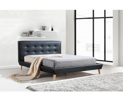 DELUXE QUEEN LEATHERETTE BED FRAME WITH TUFTED HEADBOARD - BLACK