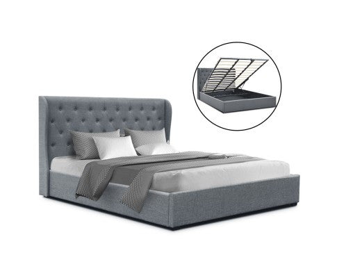 QUEEN VINCI WINGED LINEN FABRIC GAS LIFT STORAGE BED WITH TUFTED HEADBOARD - GREY