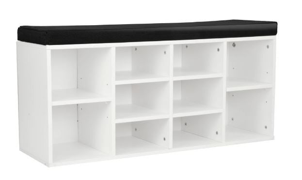 SHOE RACK WITH BLACK CUSHION & 10 COMPARTMENTS - 480(H) x 1040(W) - WHITE