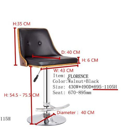 FLORENCE GAS LIFT (SET OF 2) BAR STOOL -SEAT: 670-895(H) - BLACK + WALNUT