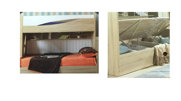 KENERY SINGLE / DOUBLE CONVERTIBLE SIDE GAS LIFT BUNK WITH LADDER (NOT WITH STAIRS & STORAGE AS SHOWN) - (LS-089) - OAK / WHITE COMBINATION