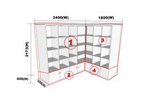 L SHAPE AUSSIE MADE 7 DOORS BOOKCASE - 2100(H) x 2400/1800(W) x 290(D) - ASSORTED STAINED COLOURS