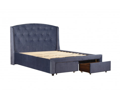 QUEEN PIXIE FABRIC BED WITH UNDERBED DRAWERS - NAVY BLUE