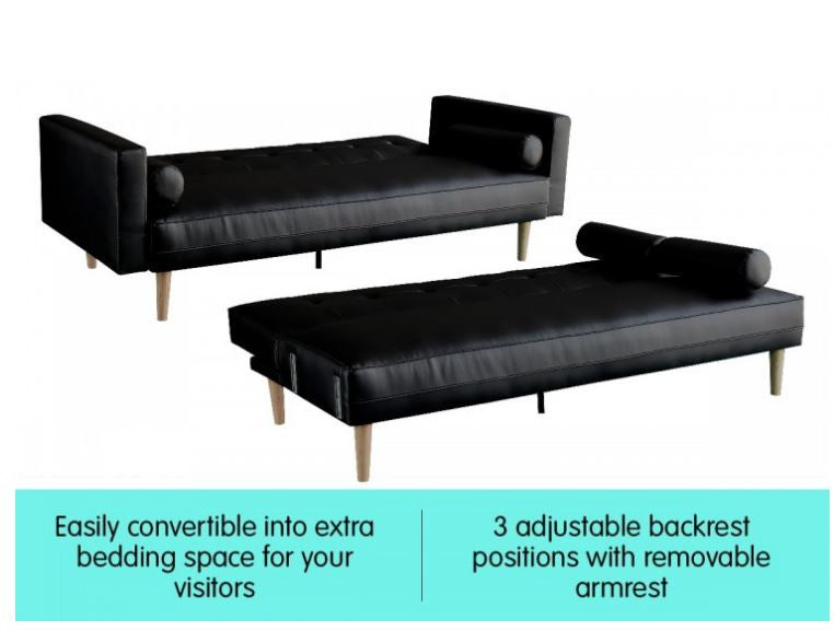 LEVIS 3 SEATER LEATHERETTE SOFA BED - BLACK