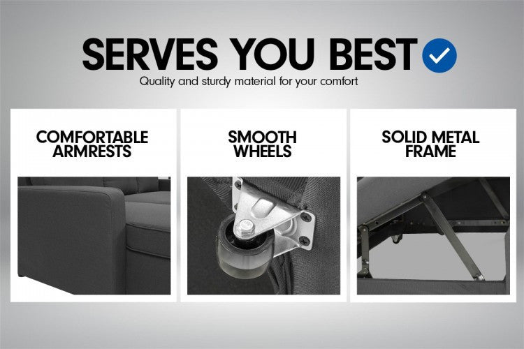 LUMEN 3 SEATER MODULAR FABRIC SOFA BED WITH STORAGE AND LEFT CHAISE - LIGHT GREY