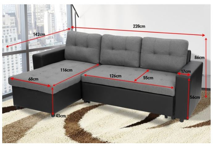 YORK FABRIC & LEATHERETTE SOFA LOUNGE WITH CHAISE(RF) - SEPARABLE OTTOMAN - BLACK + GREY