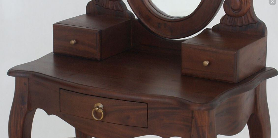 QUEEN ANNA 3 DRAWER SMALL DRESSING TABLE & STOOL - 1370(H) X 700(W) -MAHOGANY OR CHOCOLATE