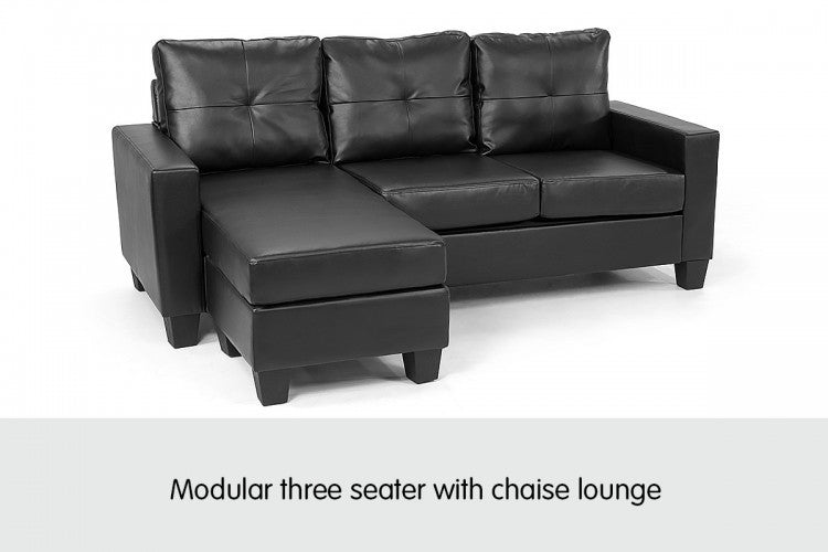 JUMANJI LEATHERETTE SOFA LOUNGE WITH CHAISE(LF) - SEPARABLE OTTOMAN - BLACK