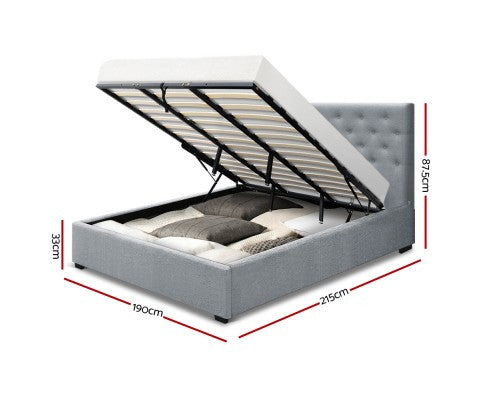 KING PREMIUM FABRIC GAS-LIFT BED FRAME WITH TUFTED HEADBOARD - GREY