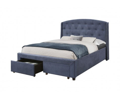 QUEEN WILMER FABRIC UPHOLSTERED BED FRAME WITH 2 STORAGE FOOTEND DRAWERS - NAVY BLUE