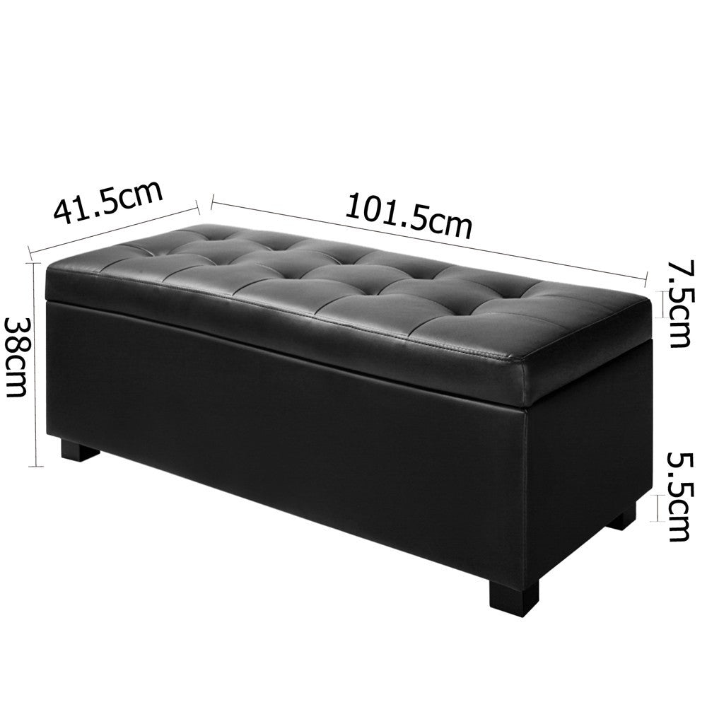 SWISS LARGE LEATHERETTE OTTOMAN CHEST BOX FOOT STOOL (OTM-L2-BK) - 380(H) X 1015(W)- BLACK