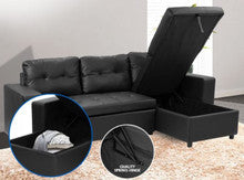 PHALEMIA LEATHERETTE SOFA LOUNGE WITH CHAISE(RF) - SEPARABLE OTTOMAN - BLACK