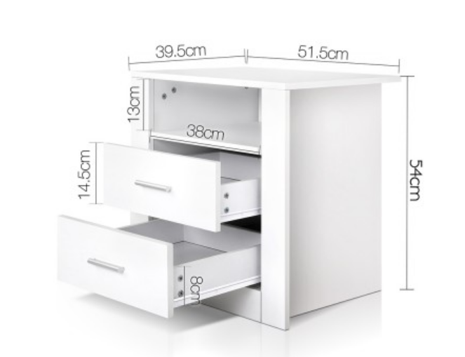 GLASSGOGH 2 DRAWER ANTI-SCRATCH BEDSIDE TABLE - WHITE