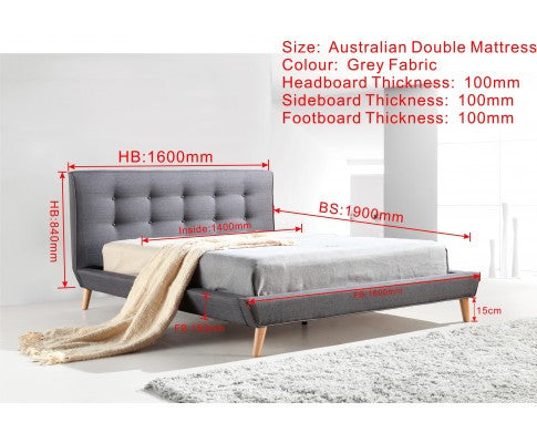 DELUXE DOUBLE FABRIC BED FRAME WITH TUFTED HEADBOARD- GREY