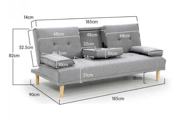 GLADYS 3 SEATER FABRIC SOFA BED WITH CUP HOLDERS - LIGHT GREY