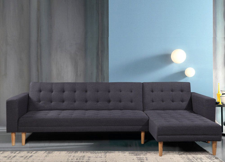 KENNEDY LINEN FABRIC CORNER SOFA BED COUCH LOUNGE WITH CHAISE - DARK GREY