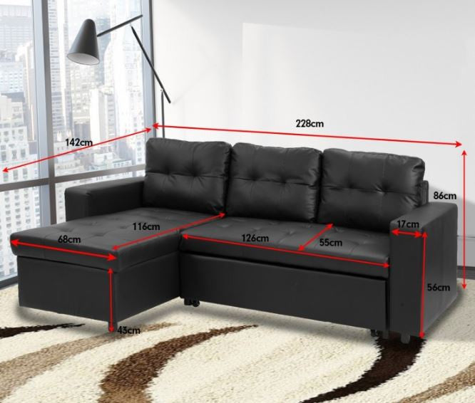 PHALEMIA LEATHERETTE SOFA LOUNGE WITH CHAISE(RF) - SEPARABLE OTTOMAN - BLACK