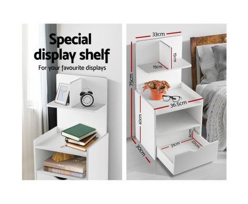 NUMEL BEDSIDE TABLE WITH DRAWER AND DISPLAY SHELF - WHITE