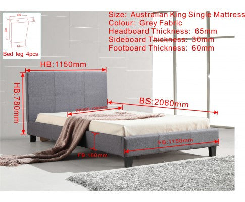 BELLA KING SINGLE FABRIC BED FRAME - GREY