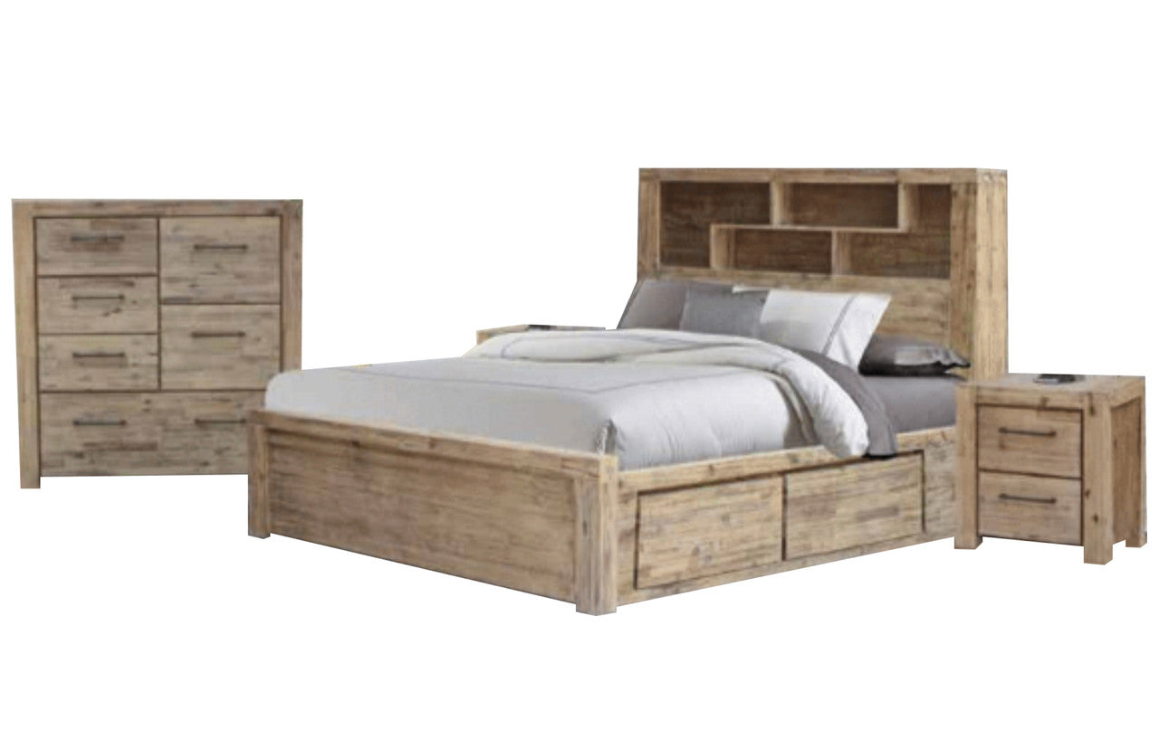 WINSLOW ACACIA KING 4 PIECE (TALLBOY) BEDROOM SUITE WITH BOOKEND BEDHEAD AND 4 DRAWERS - AS PICTURED