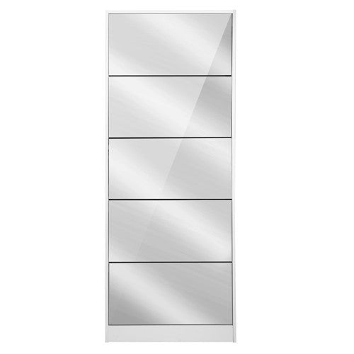 LENNY MIRRORED SHOE CABINET WITH WITH 5 DRAWER STORAGE 1700(H) x 630(W) - WHITE