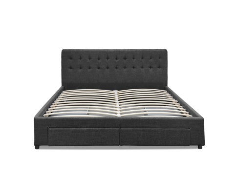 DOUBLE DEVION FABRIC BED FRAME WITH 4 STORAGE DRAWERS & TUFTED HEADBOARD - CHARCOAL