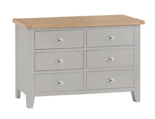 SPENCER (TT-6DC-G) 6 DRAWER LOWBOY CHEST - 850(H) X 1300(W)- GREY / LIGHT OAK (2 TONE)