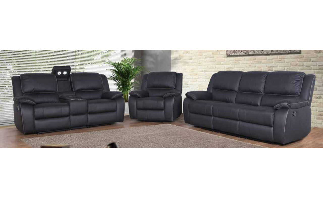 TYLEX 3RR+2RR+R FABRIC RECLINER SUITE WITH SMART CONSOLE (LIGHTS , USB , WIRELESS CHARGING) - RHINO JET #YH-102 - GREY PIPING