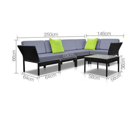 NIEL STACKABLE 6 PCS BLACK WICKER RATTAN 5 SEATER OUTDOOR LOUNGE SET GREY