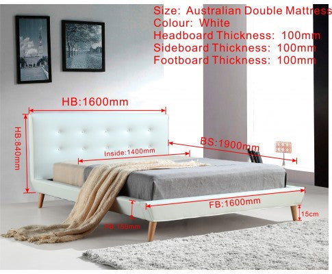 DELUXE DOUBLE LEATHERETTE BED FRAME WITH TUFTED HEADBOARD - WHITE