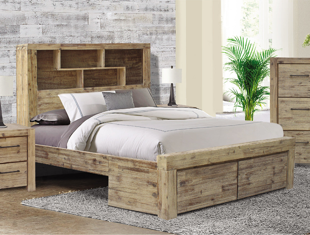 KING WINSLOW ACACIA BED WITH BOOKCASE AND 2 FOOTEND DRAWERS - AS PICTURED