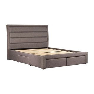 KING ANTHONY LINEN FABRIC BED FRAME WITH 4 UNDER BED STORAGE DRAWERS - LIGHT GREY