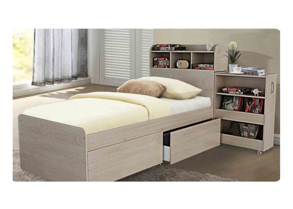 KING SINGLE AIRLIE BED MODEL:511) WITH CABINET & 2 UNDER BED DRAWERS - LIGHT OAK