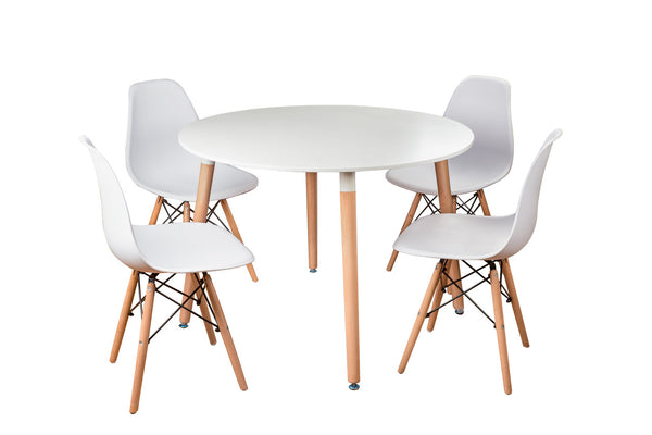 GWYN 5 PIECE POLYCARBONATE / TIMBER ROUND DINING SETTING - WHITE / OAK