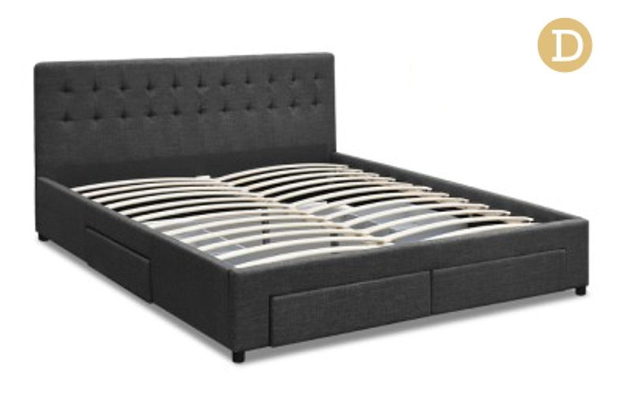 DOUBLE AVIO FABRIC BED WITH 4 STORAGE DRAWERS - DARK GREY