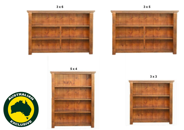 ALANZO (AUSSIE MADE) LOWLINE BOOKCASE WITH WIDE T&G BACKING COLLECTION - ASSORTED STAINED COLOURS