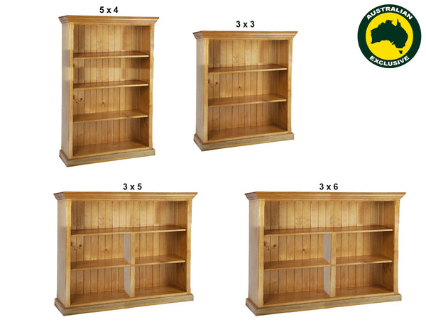 ANTALYA (AUSSIE MADE) TRIPLE TOP STANDARD LOWLINE BOOKCASE COLLECTION - ASSORTED STAINED COLOURS