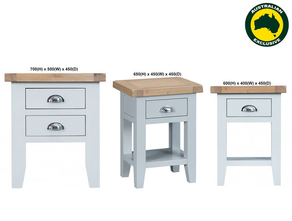 ARBETTA (AUSSIE MADE) BEDSIDE TABLE COLLECTION - TASSIE OAK COMBINATION - ASSORTED PAINTED / STAINED COLOURS