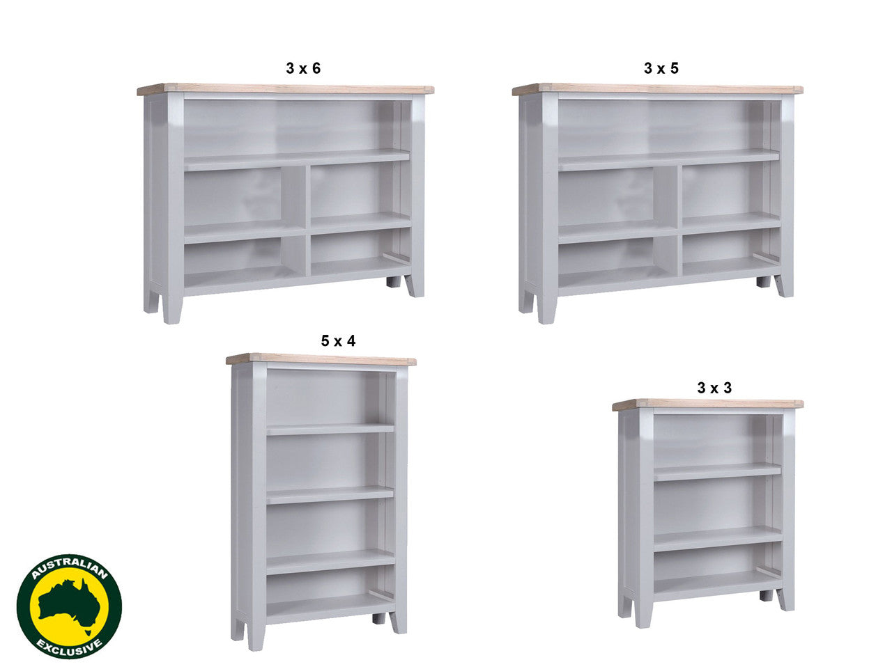ARBETTA (AUSSIE MADE) LOWLINE BOOKCASE COLLECTION - 2 TONE - (TASSIE OAK COMBINATION TOP / ASSORTED PAINTED COLOURS CARCASS) - STARTING FROM $599