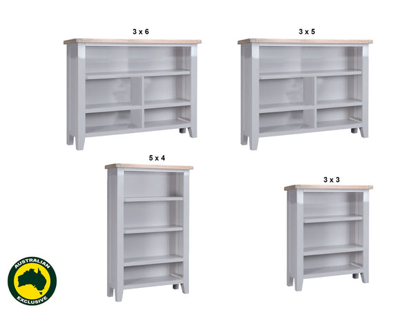 ARBETTA (AUSSIE MADE) LOWLINE BOOKCASE COLLECTION - 2 TONE - (TASSIE OAK COMBINATION TOP / ASSORTED PAINTED COLOURS CARCASS)