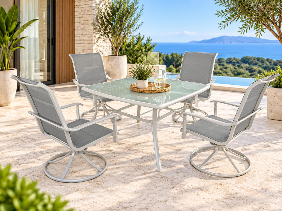 Ashbury White 5-Piece Swivel Outdoor Dining Setting – Steel Frame with Grey Mesh Seating