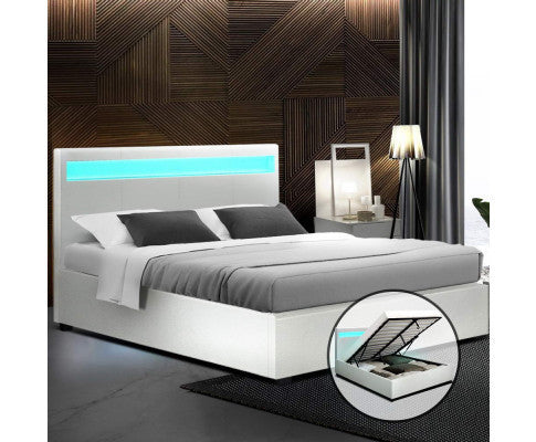 QUEEN JOHNCARL LEATHERETTE GAS LIFT STORAGE BED - WHITE