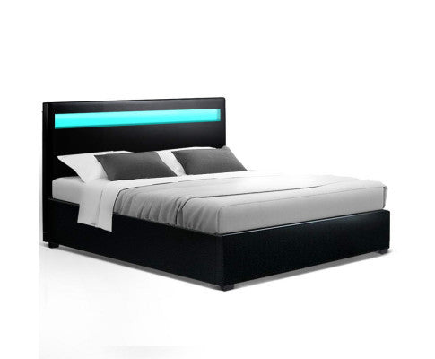 QUEEN JOHNCARL LEATHERETTE FRONT GAS LIFT STORAGE BED - BLACK