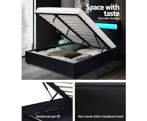 QUEEN JOHNCARL LEATHERETTE FRONT GAS LIFT STORAGE BED - BLACK