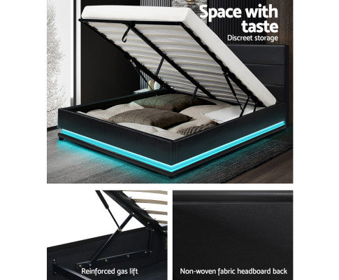 QUEEN RHEMALYN LEATHERETTE GAS LIFT BED - BLACK