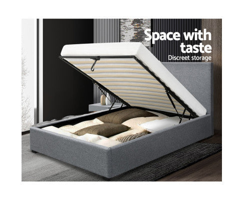 KING SINGLE NINO LINEN FABRIC GAS LIFT BED FRAME - GREY
